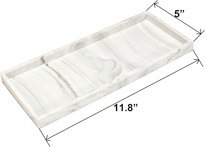 DNC Silicone Bathroom Tray for Counter, 2PC 11.8" Vanity Tray for Countertop, Kitchen Sink Soap Tray for Dish Holder Dispenser Toilet Tank Desk Organizer Marble White