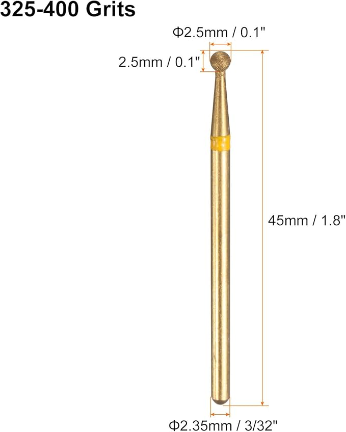 HARFINGTON 6pcs 325-400 Grits Diamond Grinding Bit 2.5mm Ball Head 2.35mm Shank 2.5mm Length Titanium Plated Stone Sanding Drill Bits Rotary Tool for Nails Grinding Polishing