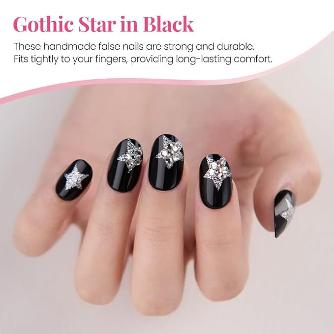 evpct Black Goth Cat Eye Short Press on Nails Oval, Short Oval Glue on Nail for Women Gift, Gothic Silver Star Metallic Glitter Glossy Reusable Spring Summer Gel Press on Acrylic Fake Nail with Design