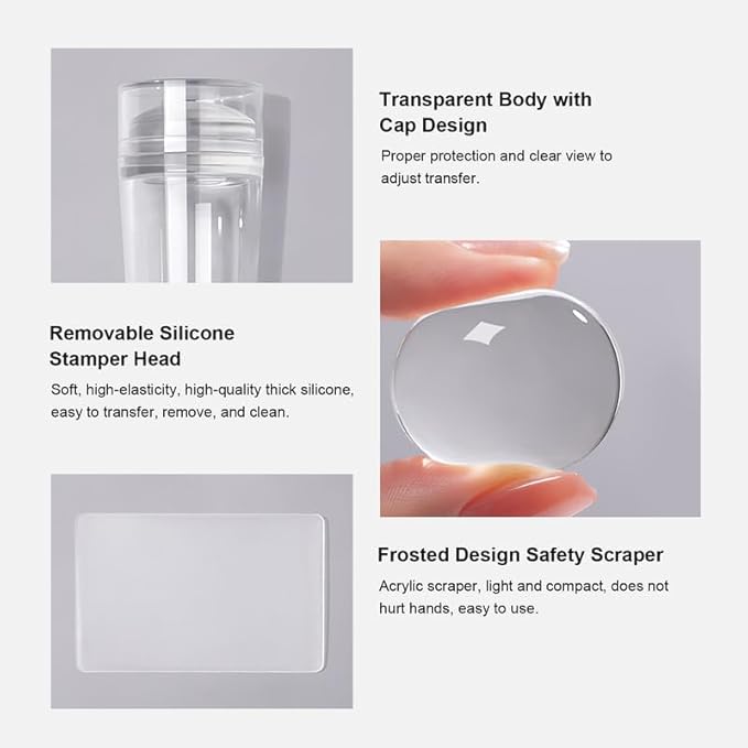 12Sets French Nail Art Stamper, with Nail Scraper and Replaceable Stamper Head, Home Manicure Starter Tool Salon, French Silicone Nail Stamper Kit for DIY Nail Decor