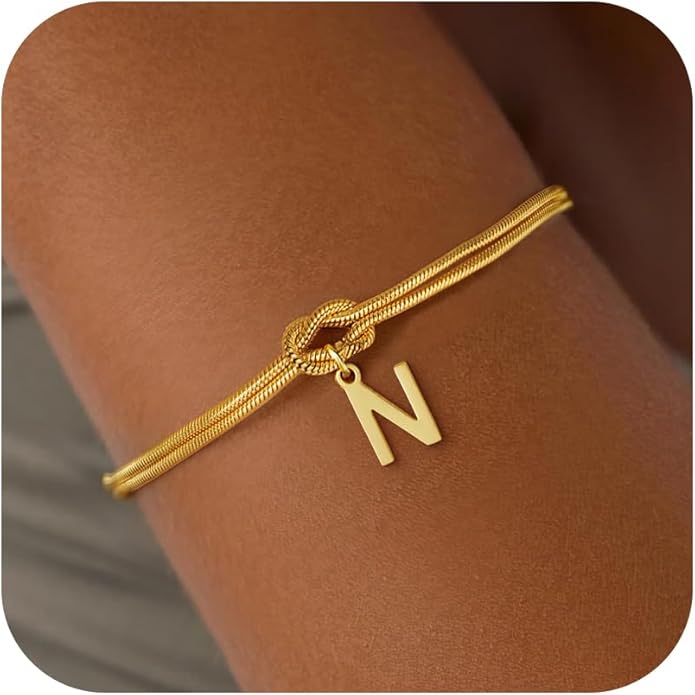 Stocking Stuffers for Teen Girls - 18K Gold Plated Love Knot Initial Bracelets for Women Friends Bridesmaid Gifts Dainty Gold Bracelets Birthday Christmas Gifts for Teens Women