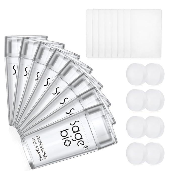 8Sets French Nail Art Stamper, with Nail Scraper and Replaceable Stamper Head, Home Manicure Starter Tool Salon, French Silicone Nail Stamper Kit for DIY Nail Decor