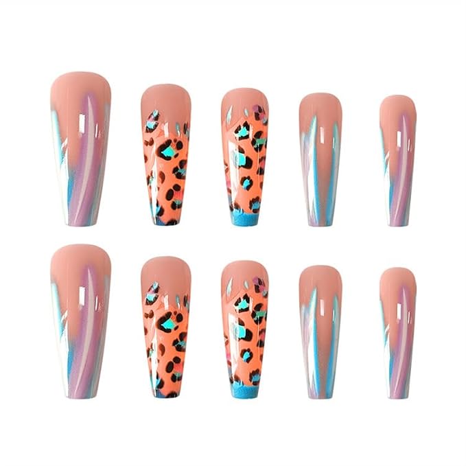 Aurora French Tip Press on Nails Long Square Fake Nails with Leopard Print Designs Glossy Full Cover Nude Glue on Nails Cheetah Nails Acrylic Stick on Nails for Women Girls Manicure Kit 24 Pcs