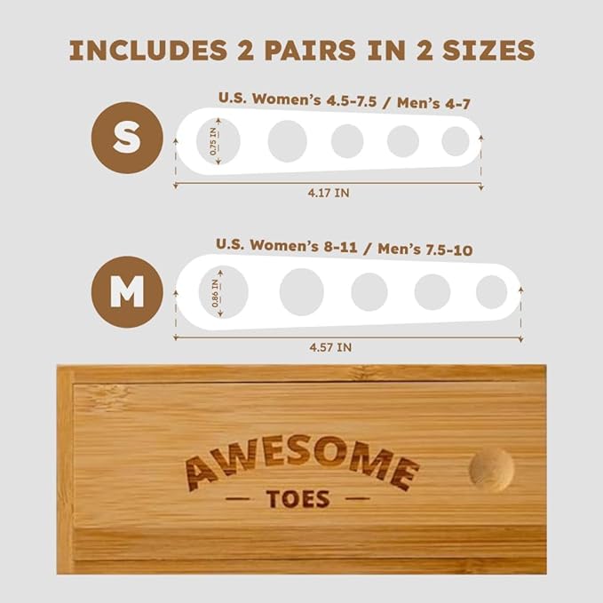 Awesome Toes Spacers & Separators, Fast Pain Relief from Hammertoe & Bunions, Two Pairs in Stylish Wooden Box, Latex-Free Rubber Toe Stretchers Used for Walking, Running & Yoga Practice