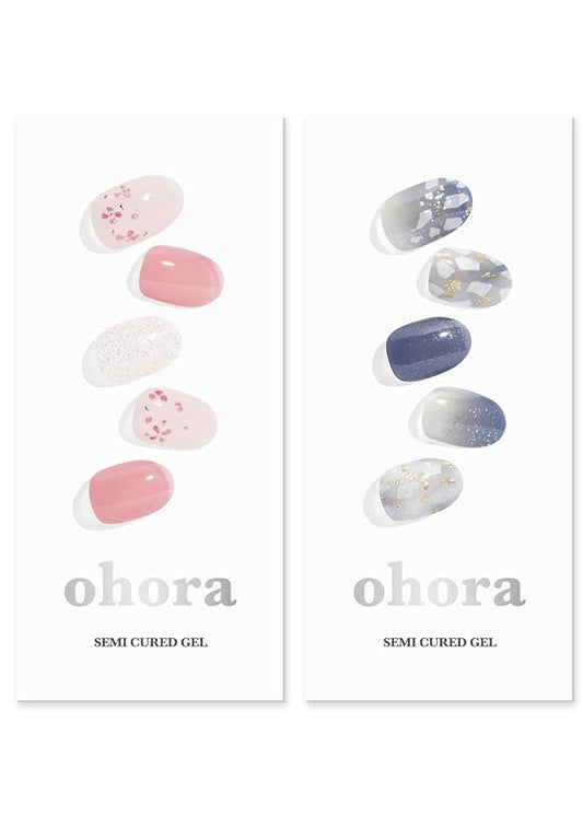 ohora Semi Cured Gel Nail Strips (N Rose Diamond N Gleam Blue) - Works with Any Lamps, Salon-Quality, Long Lasting, Easy to Apply & Remove - Includes 2 Prep Pads, Nail File & Wooden Stick