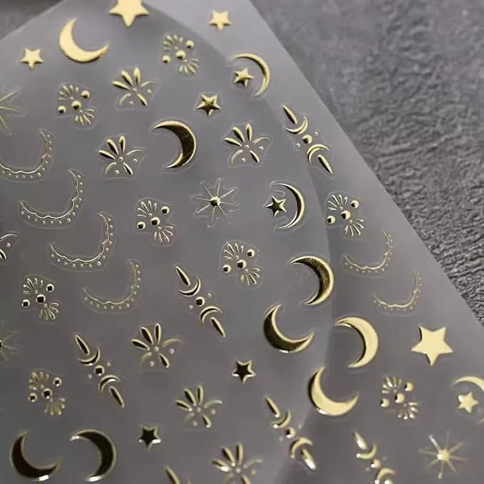 Gold Silver Stat Nail Stickers for Nail Art 3D Self Adhesive Moon Star Nail Art Stickers Silver Moon Star Nail Decals Gold Nail Supplies for Women Girls 2 Sheets