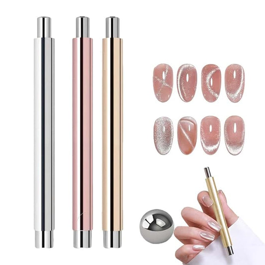 Cat Eye Magnet for Nails, 2026 New Double-head Magnet Wand with Round Nail Magnet Beads Nail Polish Magnet Pen Magnetic Cat Eye Gel Polish Nail Design Tool for Home DIY, Salon, Rose Gold (3PC Mix)