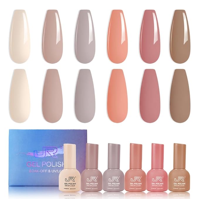 JR 6Pcs 15ml Gel Polish Set Colorful Nail Polish Kit Nude Brown Soak off UV Gel polish Nail Art Design for Women A Set