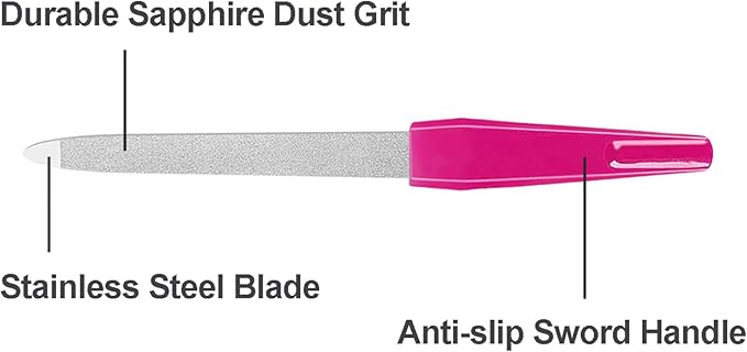 Metal Nail Files with Sharp Pointed Tip Made of Stainless Steel Non Slip Handle, Nail File Double Sided Sapphire Grit for Natural Nails Fingernails limas de uñas metálicas Color Pink (6 Pcs)