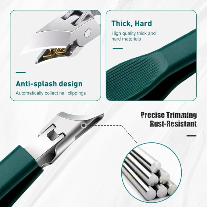 Splashproof 25° Beveled Edge Nail Clippers 3-Piece Set, New Long Handle Wide Jaw Opening Anti-Splash Slanted Nail Clipper for Thick and Ingrown Nails,Includes Nail File for Complete Nail Care (Black)