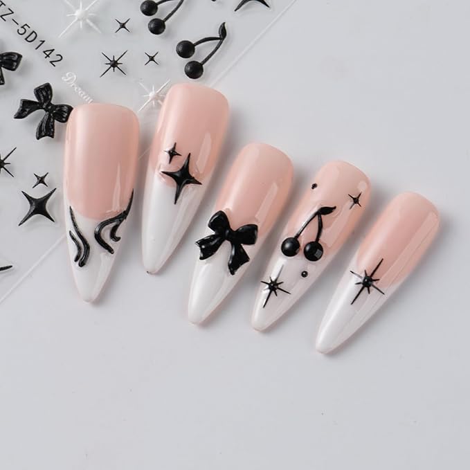 3 Sheets Goth Nail Stickers for Nail Art 5D Punk Style Black Bow Nail Art Stickers Black Star Cherry Nail Decals Self-Adhesive Nails Supplies Dark Style Star Bow Nail Decoration for Women DIY Manicure