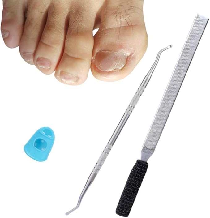 3-in-1 Nail File Kit: Heavy Duty Toe Nail Files for Thick Nails & Seniors with Ingrown Lifter, Thumb Guard | Non-Slip Metal Emery Boards for Nails