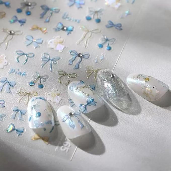 2 Sheets Bow Nail Art Stickers Glitter Pink Blue Bows Nail Art Decals 3D Self-Adhesive Cute Bow Nails Sticker Acrylic DIY Decoration Supplies Charms for Women and Girls