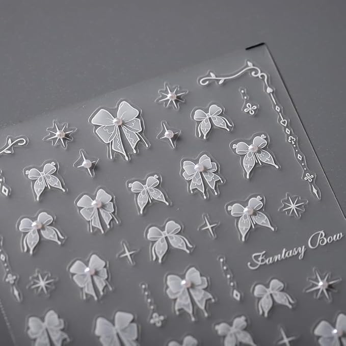 1 Sheet Lace Pearl Bow Nail Art Sticker 5D Embossed White Lace Pearl Bow Nail Sticker Cute Bow Nail Decal Pearl Rhinestone Nail Design Women DIY Nail Art Decoration