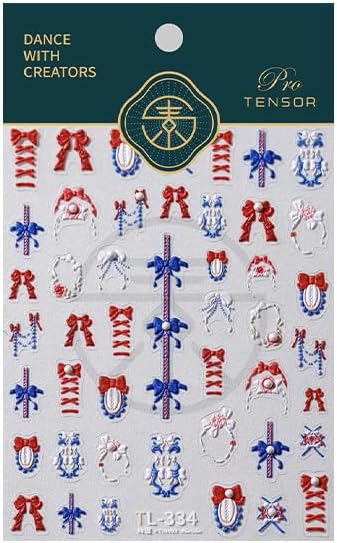 5D Embossed Bows Nail Stickers, Pearl Nail Art Sticker Self-Adhesive Nail Decals for Women Red and Blue Nail Supplies Art Design Stickers (1, Red and Blue)