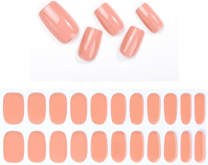 No Lamp Gel Nail Strips 22 Pcs Wraps - Pale Orange, Solid, Easy Apply Gel Nail Stickers Long Lasting, Salon-Quality, 2 Prep Pads, 1 File, 1 Wooden Stick