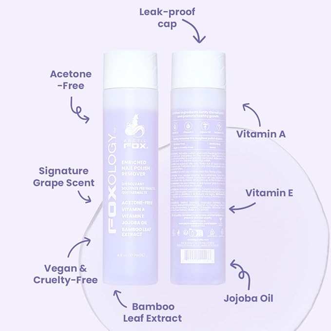 Foxology Nail Polish Remover, Acetone-Free, Enriched with Vitamin A & E, Jojoba Oil, Bamboo Leaf Extract, Vegan, Cruelty-Free, Leak-Proof, Grape Scent, Made in USA, 1 Pack, 6 fl oz