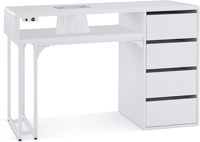 BarberPub Manicure Storage Desk with 60W Embedded Nail Vacuum Cleaner, Square-Shape Nail Dust Collector Manicure Workstation, Professional Beauty Salon Equipment VC229 (White)