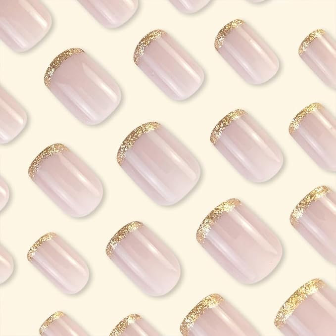 Press On Nails Short Square, Pink Fake Nails with French Tips and Gold Border Accent Glitter Designs, Glossy Gel Finish Acrylic Nails Press Ons Short, Thick Natural Reusable Glue On Nails Kit
