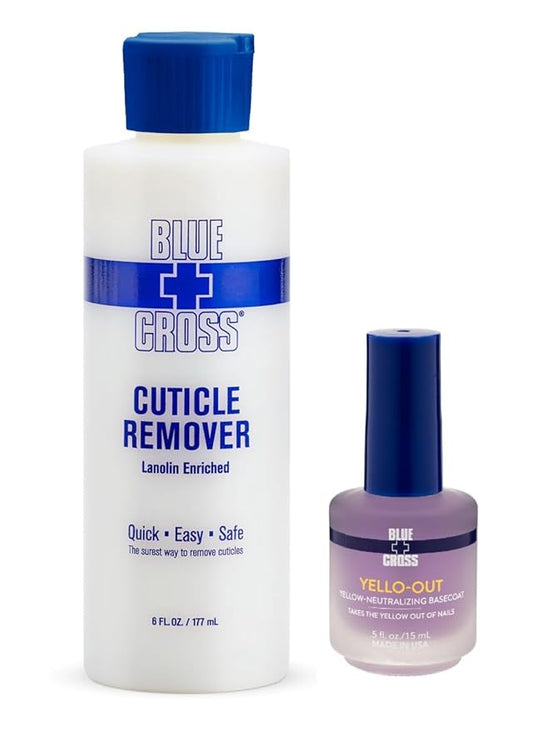 Blue Cross Professional Nail Care Cuticle Remover Liquid with Lanolin (6oz) + Yello Out Purple Toner Nail (0.5oz), 2 Pack Bundle