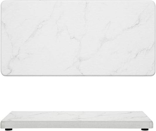 2PCS 10"x 5" Large Bathroom Sink Vanity Trays, Water Absorbing Diatomite Stone Quick Drying Mat for Kitchen Counter, Dish Rack Dispensers Sponge Holder Caddy Organizer, Marble White, 10"x 5"
