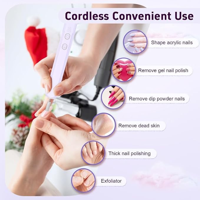 Professional Nail Drill Set, 2,0000 RPM Electric Nail File with 12 Grinding Head & 100Pcs Sanding Bands for Acrylic Gel Nails, Manicure and Polishing (Light Purple)