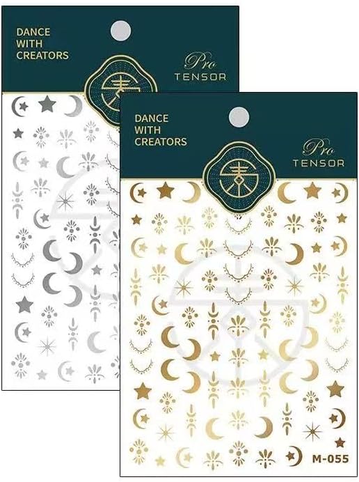 Gold Silver Stat Nail Stickers for Nail Art 3D Self Adhesive Moon Star Nail Art Stickers Silver Moon Star Nail Decals Gold Nail Supplies for Women Girls 2 Sheets