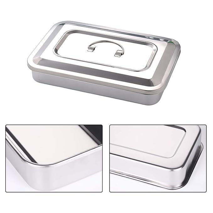 Easyinsmile Medical Surgical Tray Dental Sterilization Instruments Tray Organizer Holder with Lid & Handle Grip (Silver)
