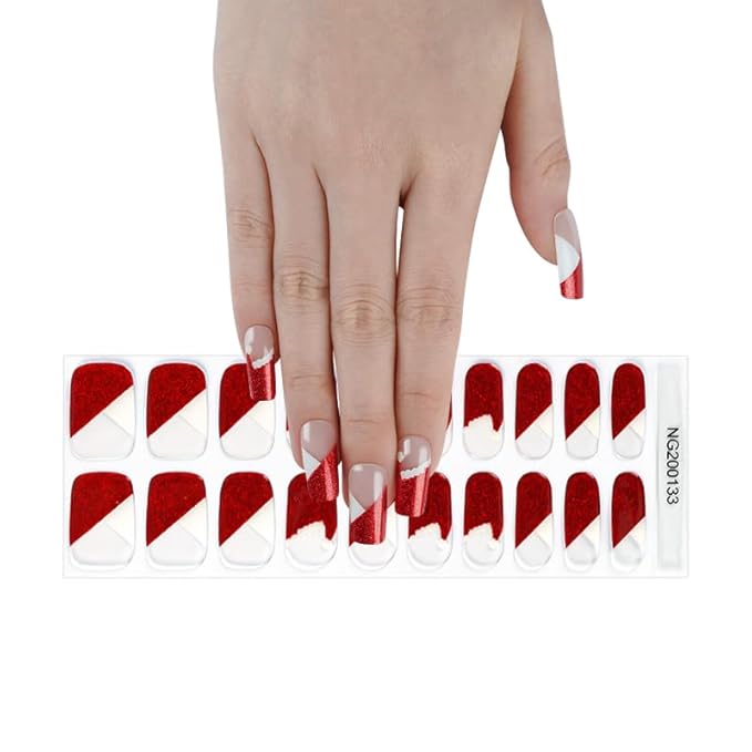 20pcs Semi Cured Gel Nail Strips, Real Nail Polish Art Stickers, Christmas Gel Nail Stickers - Work with Any UV Lamp, Long Lasting Full Wraps with Nails File and Stick