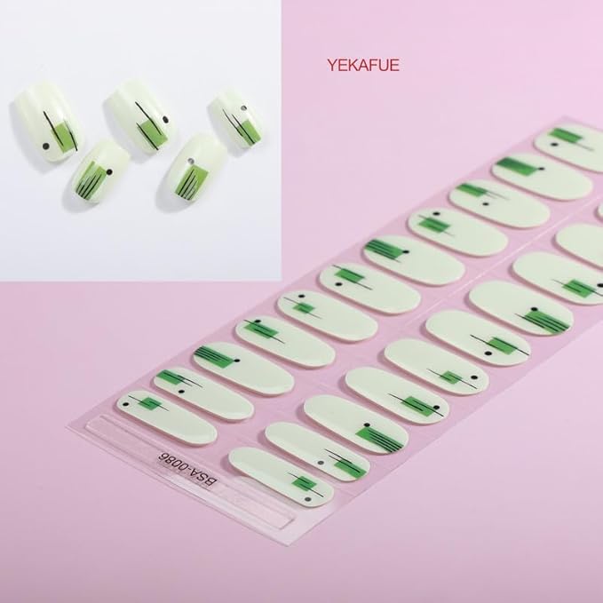 No Lamp Gel Nail Strips 22 Pcs Wraps - Mint Green, Easy Apply Gel Nail Stickers Long Lasting, Salon-Quality, 2 Prep Pads, 1 File, 1 Wooden Stick