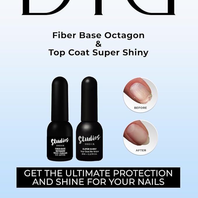DIDIER LAB Premium Octagon Base and Top Coat Gel Nail Polish - Clear Base Coat Nail Polish and Long Lasting Glossy No Wipe Top Coat - LED UV Nails Polish Soak Off Gel Polish Kit 2pcs