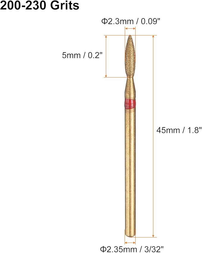HARFINGTON 8pcs 200-230 Grits Diamond Grinding Bit 2.2mm Oval Head 2.35mm Shank 9mm Length Titanium Plated Stone Sanding Drill Bits Rotary Tool for Nails Grinding Polishing