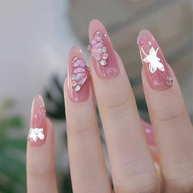 2 Sheets 5D Embossed Flower Nail Stickers, White Floral Self-Adhesive Pearls Nail Art Decals for Women Girls Salon Home DIY Manicure Decoration