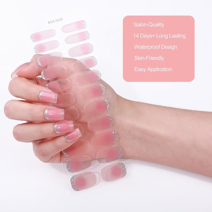 No Lamp Gel Nail Strips 22 Pcs Wraps - Pink Silver Glitter, Easy Apply Gel Nail Stickers Long Lasting, Salon-Quality, 2 Prep Pads, 1 File, 1 Wooden Stick