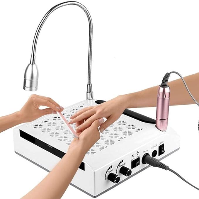 80W 4 in 1 Strong Power Nail Dust Collector UV Gel Polisher Nail Drills Lighting Lamp Hand Pad Vacuum Cleaner Nail Salon, White
