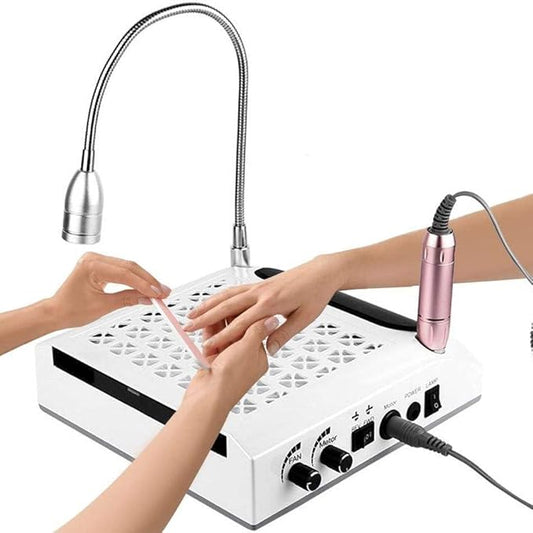 80W 4 in 1 Strong Power Nail Dust Collector UV Gel Polisher Nail Drills Lighting Lamp Hand Pad Vacuum Cleaner Nail Salon, White