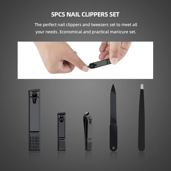 Nail Clippers Set Black Matte Stainless Steel Fingernail & Thick Toenail & Ingrown Nail Clippers & Tweezers & Nail File, Perfect 5 pcs Nail Clippers Cutter for Men and Women(Black)