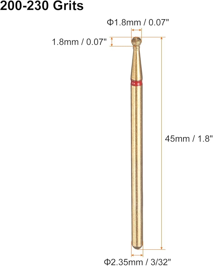 HARFINGTON 6pcs 200-230 Grits Diamond Grinding Bit 1.8mm Ball Head 2.35mm Shank 1.8mm Length Titanium Plated Stone Sanding Drill Bits Rotary Tool for Nails Grinding Polishing
