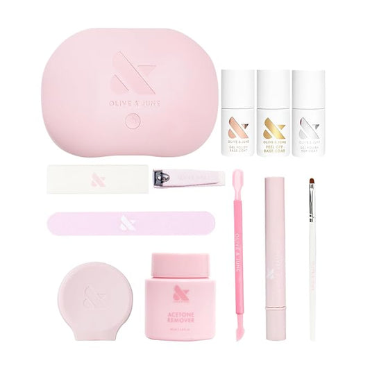 Olive & June Gel Mani System Set | Includes Nail Tools, Peel-Off & Gel Base Coats, Top Coat, LED Lamp, Cuticle Serum & The Poppy | Easy At-Home Mani Kit | 15-Free, Vegan, Cruelty-Free
