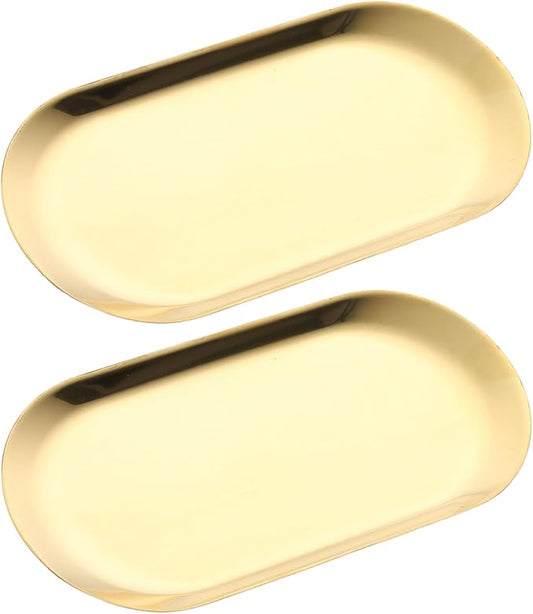 2 Pack Stainless Steel Gold Decorative Tray, Small Oval Perfume Jewelry Trinket Dish, Candle Key Manicure Tools Metal Placing Plate, Bathroom Vanity Trays for Dresser Counter