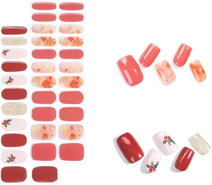 No Lamp Gel Nail Strips 44 Pcs Wraps - White Red + Maple Orange, Easy Apply Gel Nail Stickers Long Lasting, Salon-Quality, 4 Prep Pads, 2 File, 2 Wooden Stick