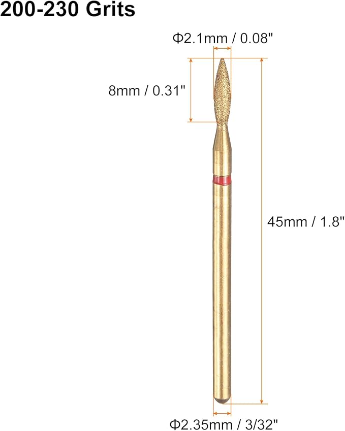 HARFINGTON 8pcs 200-230 Grits Diamond Grinding Bit 2.1mm Oval Head 2.35mm Shank 8mm Length Titanium Plated Stone Sanding Drill Bits Rotary Tool for Nails Grinding Polishing
