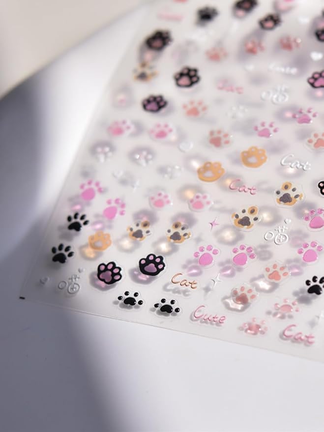 Cat Paws Nail Stickers 5D Embossed – Premium Salon-Quality Nail Charm Accessories, Easy Application & Self-Adhesive Cute Kitten Paw Cats Decal for DIY Manicure, Nail Art, Press on, Home or Salon Use