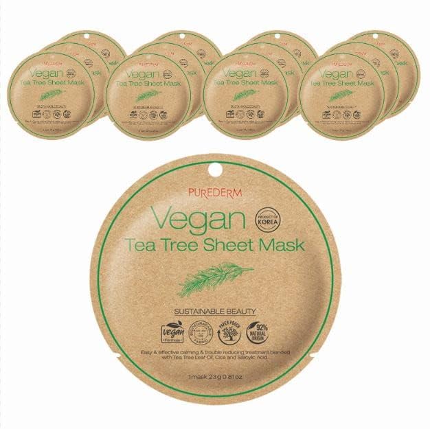 Purederm Vegan Tea Tree Sheet Masks (12 Packs) – Facial Sheet Mask for Calming & Trouble Reducing Treatment