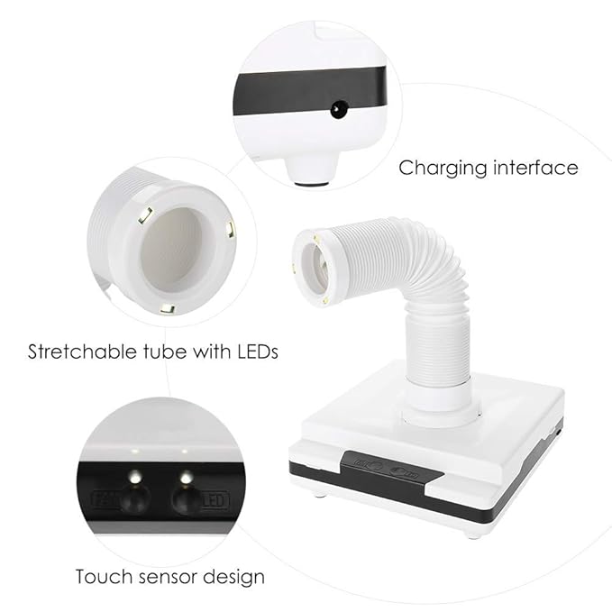 60W Nail Dust Collector, Dust Collector Nail Vacuum Fan Suction Manicure Cleaner with 3 LED Retractable Elbow and Sensor Pedicure Machine Extractor for Polish Acrylic Nail (us Plug)