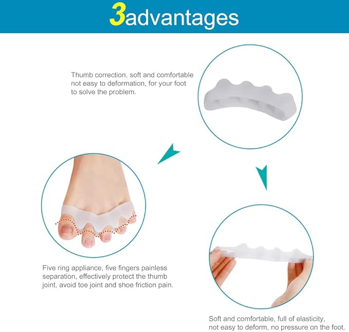 Silicone Toe Spreaders for Men & Women - Correct Curled Toes, Bunion & Hammer Toe Support, Reusable & Washable Adjustable Unisex Toe Spacer（4 Pack） (Skin Tone + Blue)