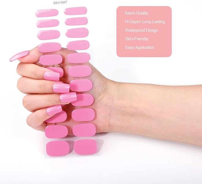 No Lamp Gel Nail Strips 22 Pcs Wraps - Dark Pink, Solid, Easy Apply Gel Nail Stickers Long Lasting, Salon-Quality, 2 Prep Pads, 1 File, 1 Wooden Stick