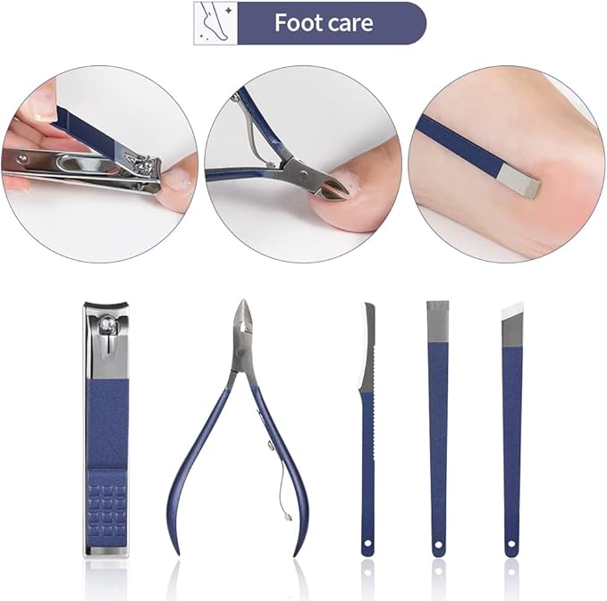 Multifunction Nail Clipper Set Pedicure Cutter Nail File Scissors Kit with Travel Case Stainless Steel Blue Manicure Set Tools (Color : 15pcs-Blue)