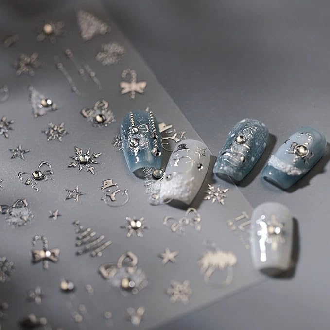 Christmas Nail Art Stickers 5D Embossed Christmas Nail Decals with Rhinestone 1PCS Silver Deer Xmas Tree Snowflake Xmas Nails Design Manicure Sticker Accessories for Women Holiday DIY Nail Decorations