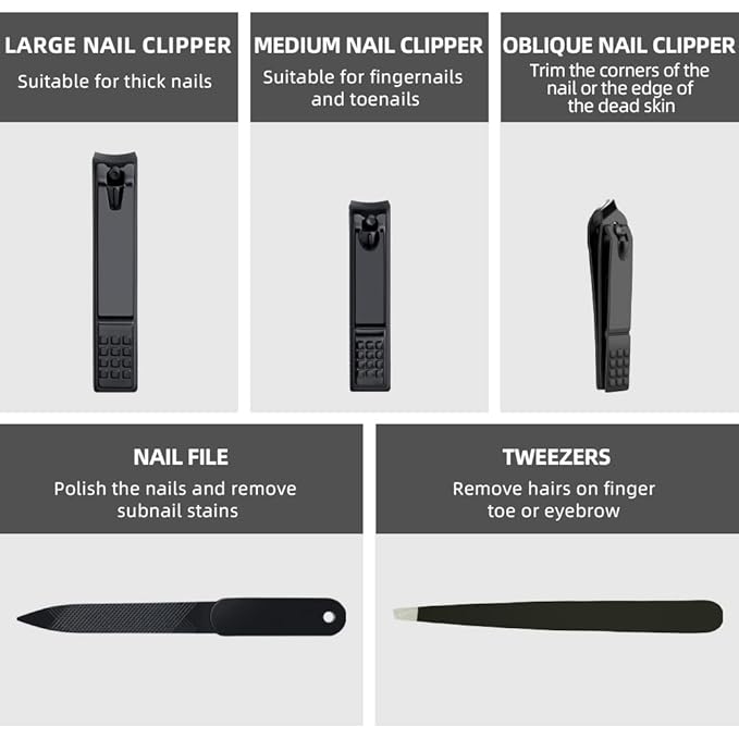 Nail Clippers Set Black Matte Stainless Steel Fingernail & Thick Toenail & Ingrown Nail Clippers & Tweezers & Nail File, Perfect 5 pcs Nail Clippers Cutter for Men and Women(Black)